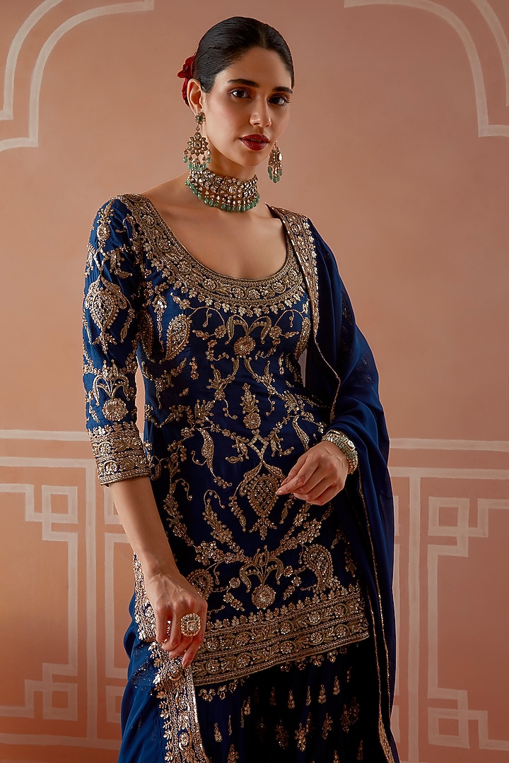 Royal Blue Silk Embroidered Wedding Sharara Set by Akilah at Pernia's Pop Up Shop