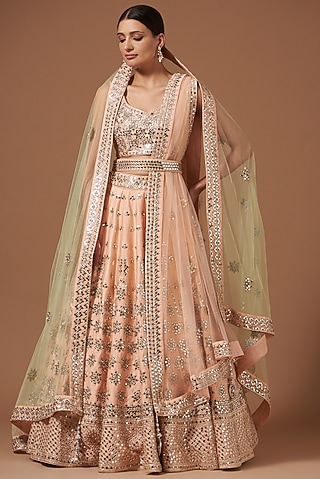 Peach & Pink Dupion Silk Embroidered Lehenga Set by AKSHAT JAIN
