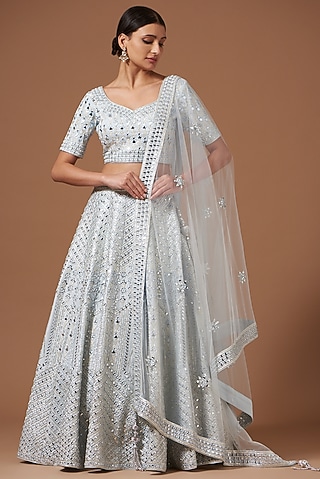 Sky Blue Dupion Silk Embroidered Lehenga Set by AKSHAT JAIN