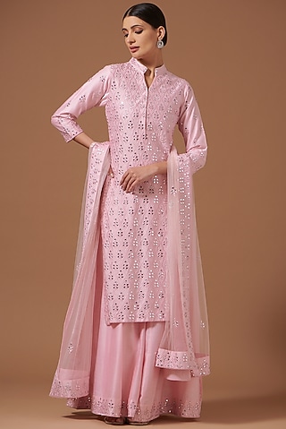 Pink Chanderi Embroidered Kurta Set by AKSHAT JAIN