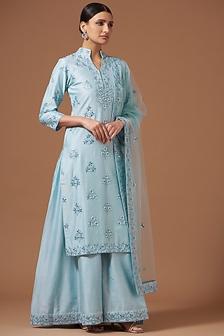 Sky Blue Chanderi Embroidered Kurta Set by AKSHAT JAIN