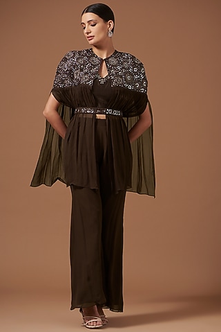 Dark Coffee Chanderi & Georgette Embroidered Cape Jacket Set by AKSHAT JAIN