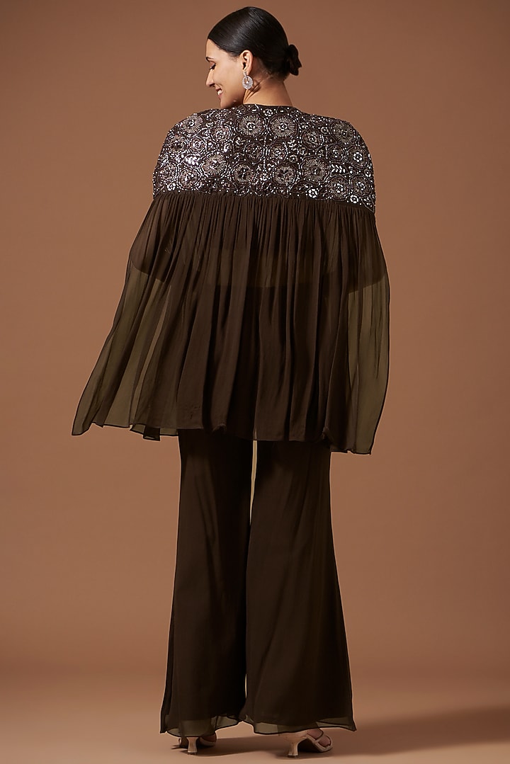 Dark Coffee Chanderi & Georgette Embroidered Cape Jacket Set by AKSHAT JAIN at Pernia's Pop Up Shop