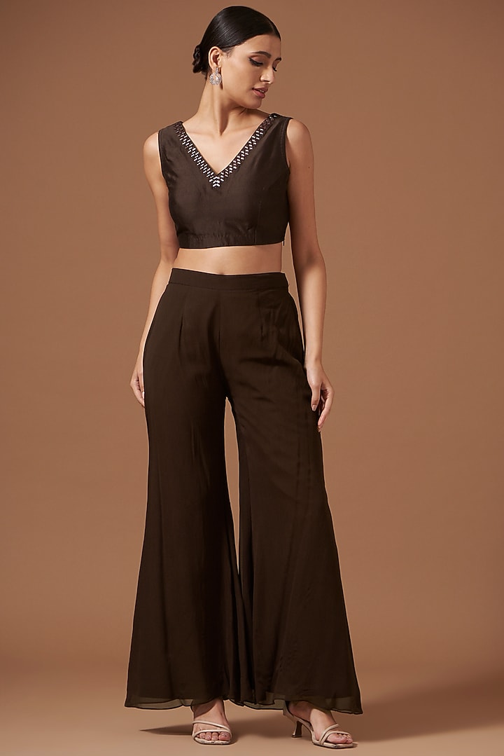 Dark Coffee Chanderi & Georgette Embroidered Cape Jacket Set by AKSHAT JAIN at Pernia's Pop Up Shop