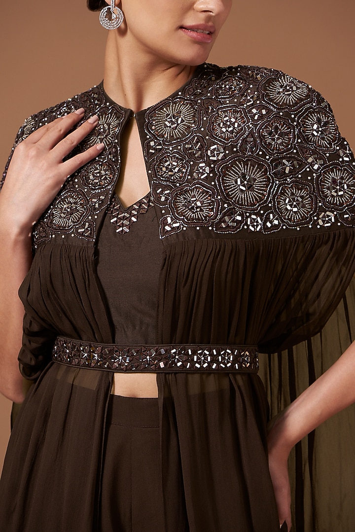 Dark Coffee Chanderi & Georgette Embroidered Cape Jacket Set by AKSHAT JAIN at Pernia's Pop Up Shop