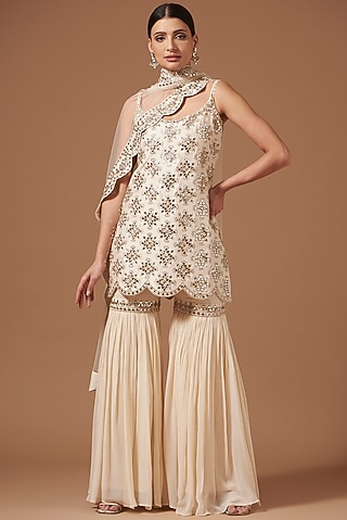 Ivory Georgette Sharara Set by AKSHAT JAIN