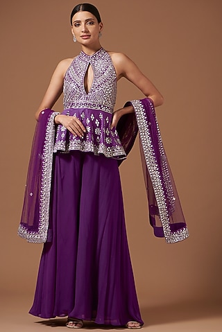 Dark Purple Chanderi Embroidered Peplum Kurta Set by AKSHAT JAIN