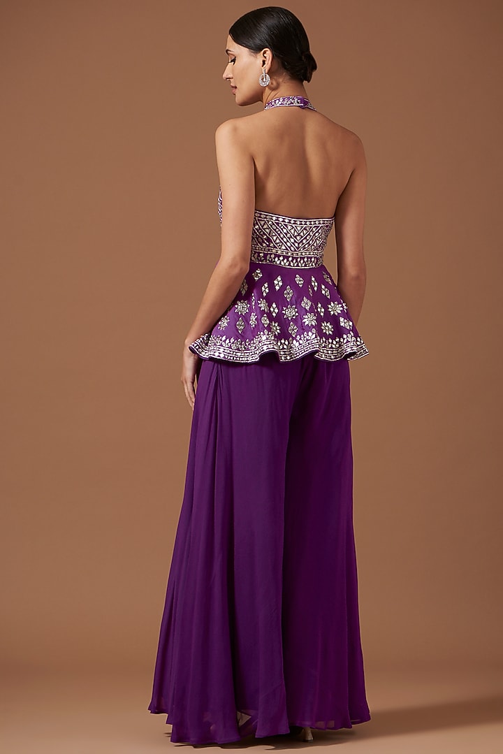 Dark Purple Chanderi Embroidered Peplum Kurta Set by AKSHAT JAIN at Pernia's Pop Up Shop
