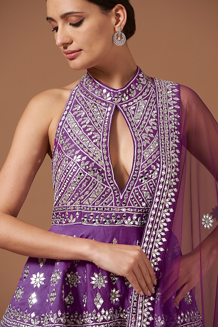 Dark Purple Chanderi Embroidered Peplum Kurta Set by AKSHAT JAIN at Pernia's Pop Up Shop