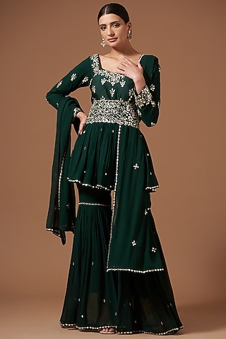 Bottle Green Georgette Sharara Set by AKSHAT JAIN