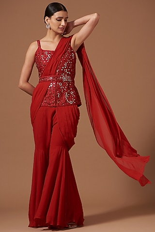 Red Georgette Sharara Set by AKSHAT JAIN