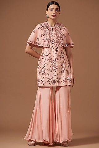 Dark Peach Georgette Sharara Set by AKSHAT JAIN