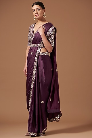 Deep Purple Bemberg Satin Embroidered Saree Set by AKSHAT JAIN