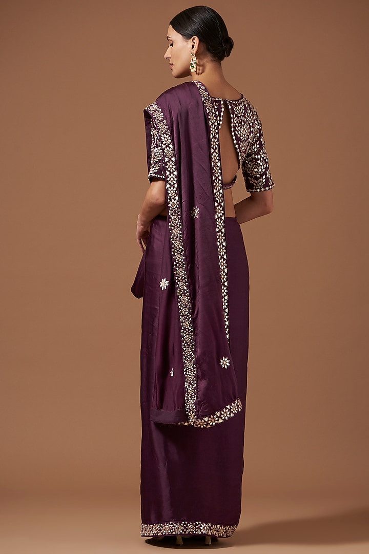 Deep Purple Bemberg Satin Embroidered Wedding Saree Set by AKSHAT JAIN at Pernia's Pop Up Shop