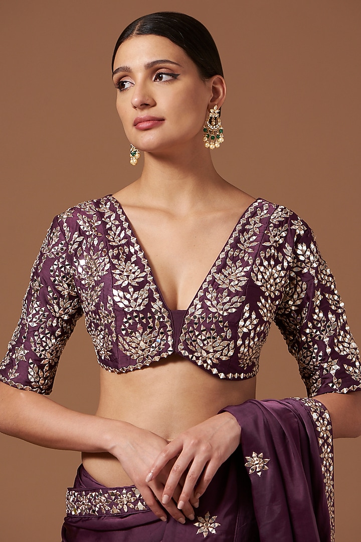 Deep Purple Bemberg Satin Embroidered Wedding Saree Set by AKSHAT JAIN at Pernia's Pop Up Shop