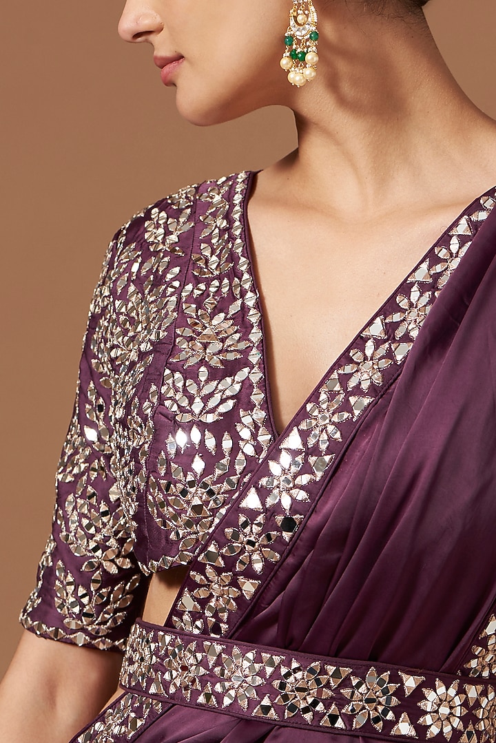 Deep Purple Bemberg Satin Embroidered Wedding Saree Set by AKSHAT JAIN at Pernia's Pop Up Shop