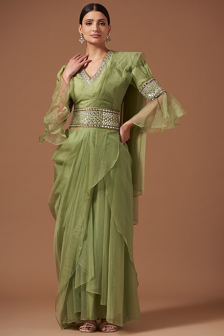 Pista Green Organza Embroidered Draped Saree Set by AKSHAT JAIN