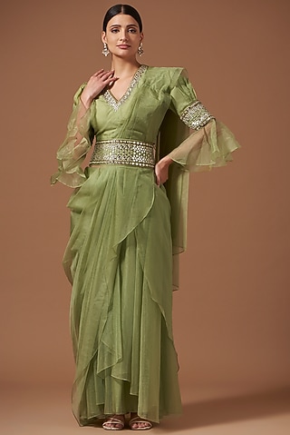 Pista Green Organza Embroidered Draped Saree Set by AKSHAT JAIN