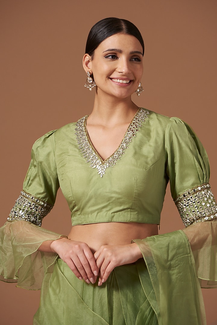 Pista Green Organza Embroidered Draped Wedding Saree Set by AKSHAT JAIN at Pernia's Pop Up Shop