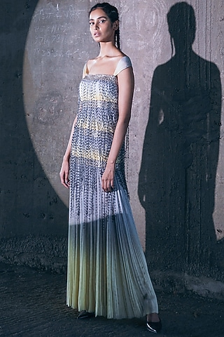 Lemon Yellow & Grey Embroidered Dress by Akhl