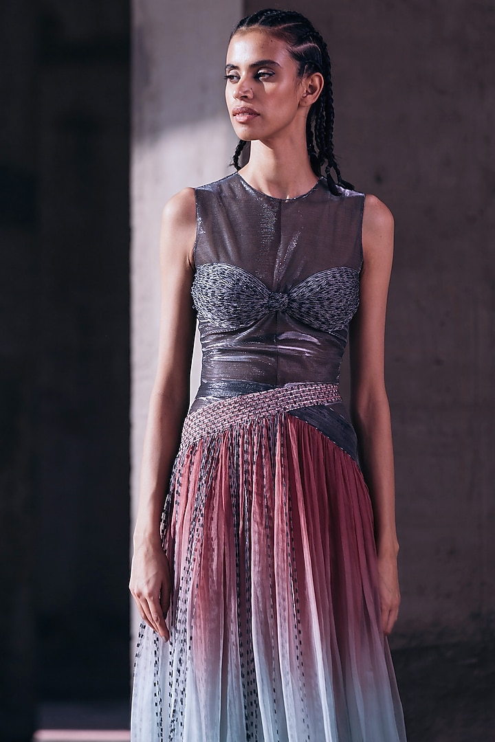 Silver Hand Embroidered Sheer Bodysuit by Akhl at Pernia's Pop Up Shop