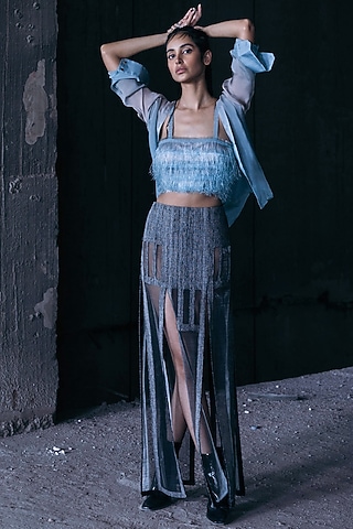 Grey & Turquoise Shirt With Trims by Akhl