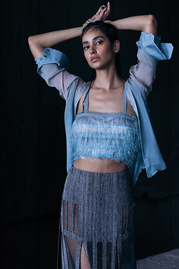 Grey & Turquoise Shirt With Trims by Akhl at Pernia's Pop Up Shop