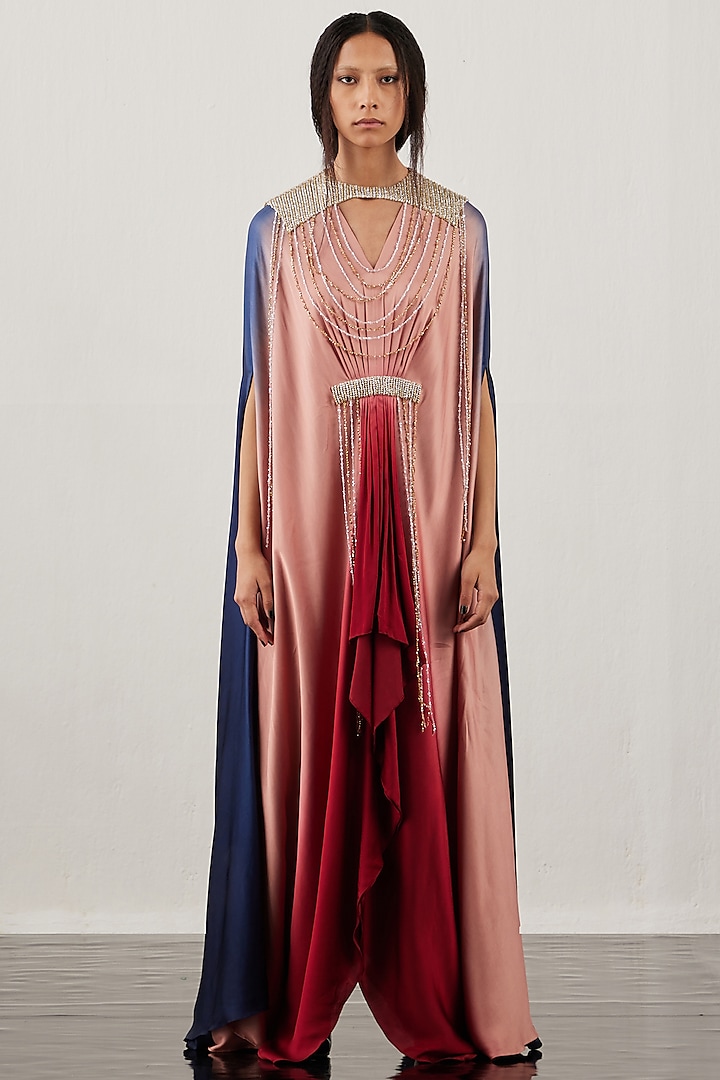 Multi-Colored Satin Embroidered Gathered Kaftan by AKHL