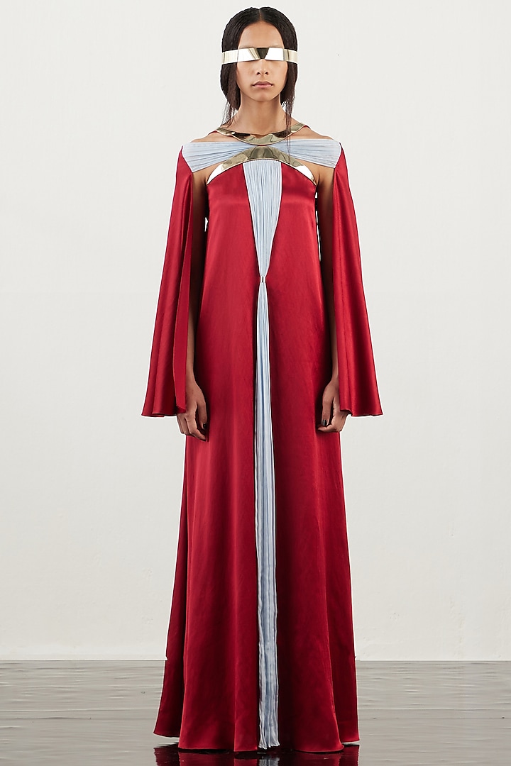 Scarlet Textured Satin Embroidered Kaftan by AKHL at Pernia's Pop Up Shop