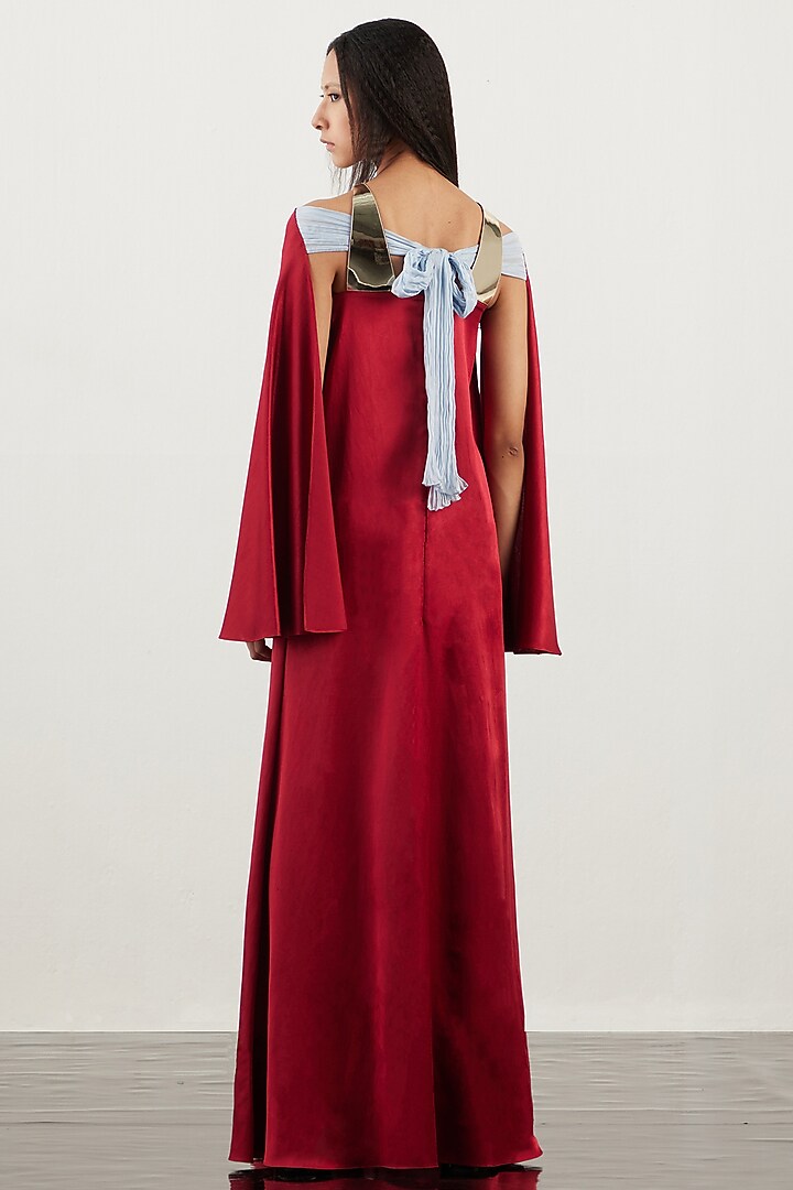 Scarlet Textured Satin Embroidered Kaftan by AKHL at Pernia's Pop Up Shop