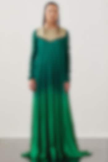 Green Satin Ombre Ruched Dress by AKHL