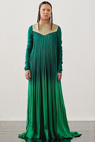 Green Satin Ombre Ruched Dress by AKHL
