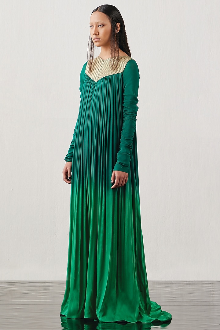 Green Satin Ombre Ruched Dress by AKHL at Pernia's Pop Up Shop 2026