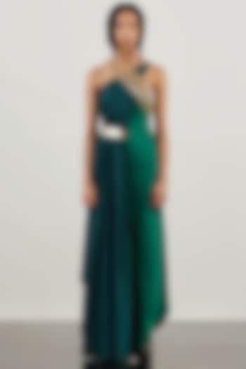 Green Satin & Lurex Tulle Draped Dress by AKHL