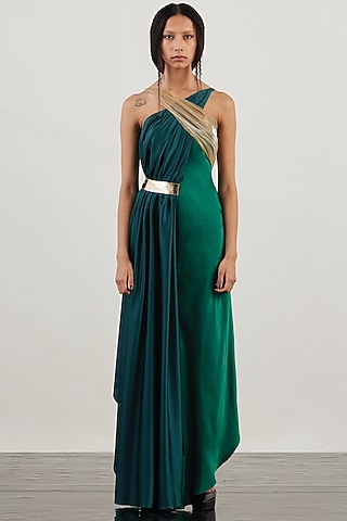 Green Satin & Lurex Tulle Draped Dress by AKHL