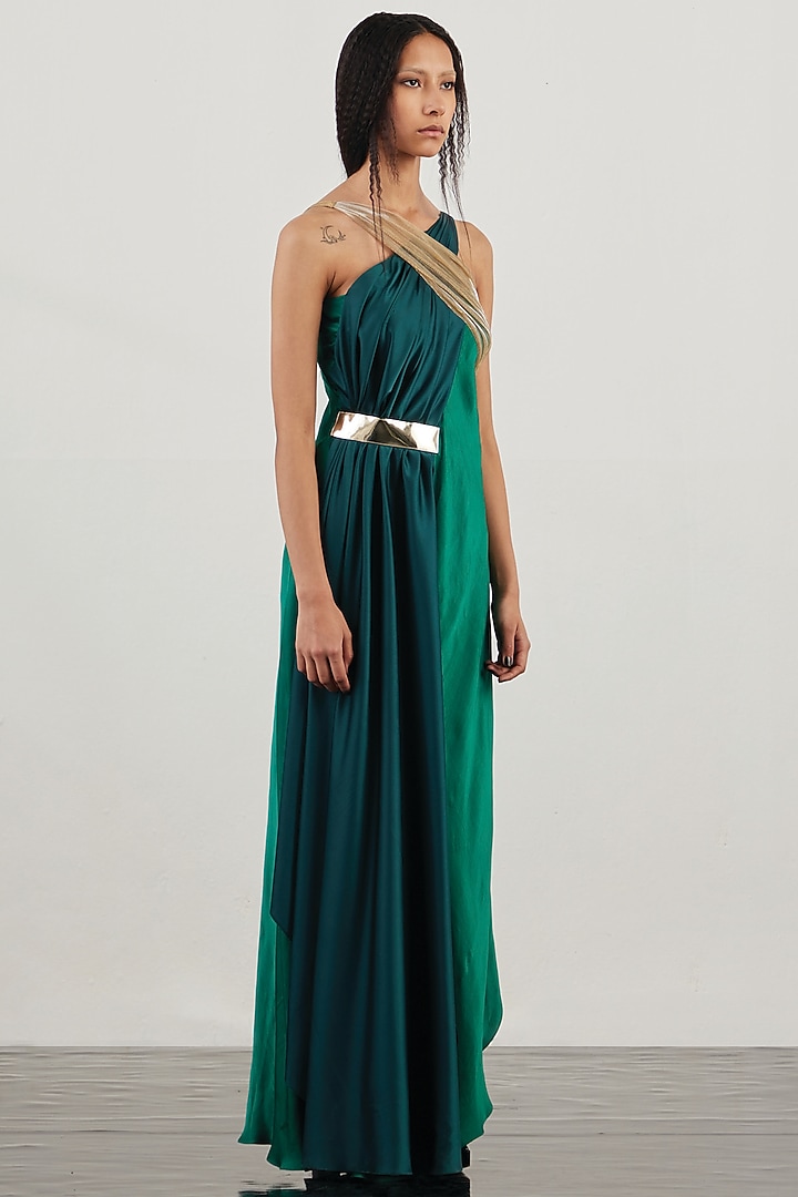 Green Satin & Lurex Tulle Draped Cocktail Dress by AKHL at Pernia's Pop Up Shop