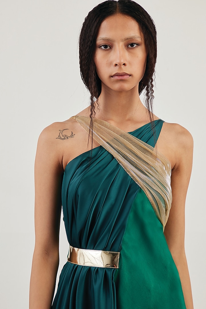 Green Satin & Lurex Tulle Draped Cocktail Dress by AKHL at Pernia's Pop Up Shop