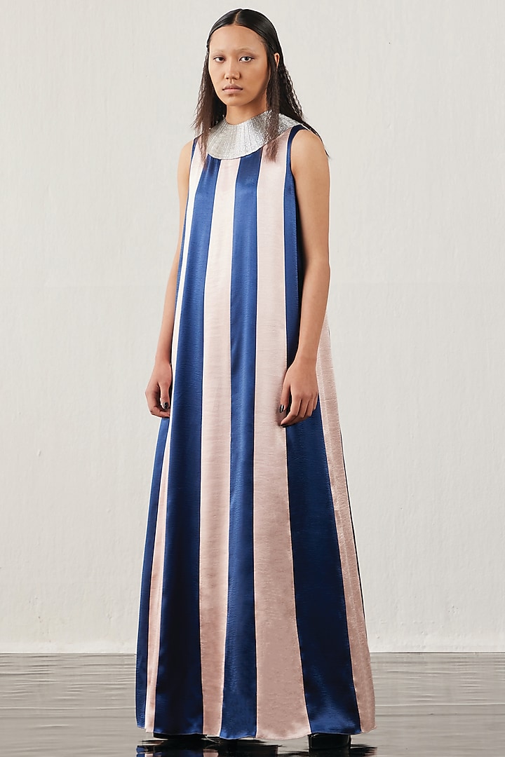 Pink & Blue Textured Satin Striped Dress by AKHL at Pernia's Pop Up Shop