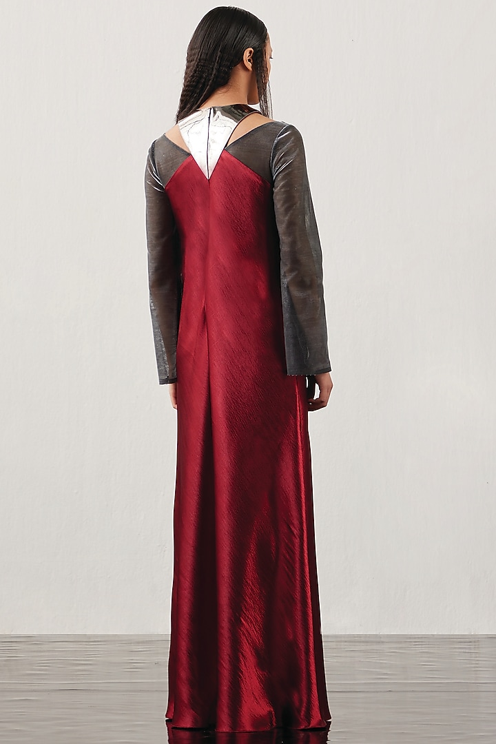 Red & Black Textured Satin Flared Cocktail Dress by AKHL at Pernia's Pop Up Shop