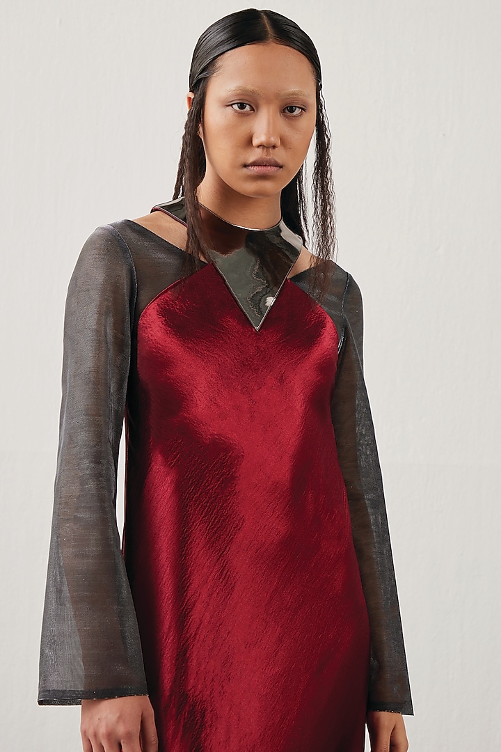 Red & Black Textured Satin Flared Cocktail Dress by AKHL at Pernia's Pop Up Shop