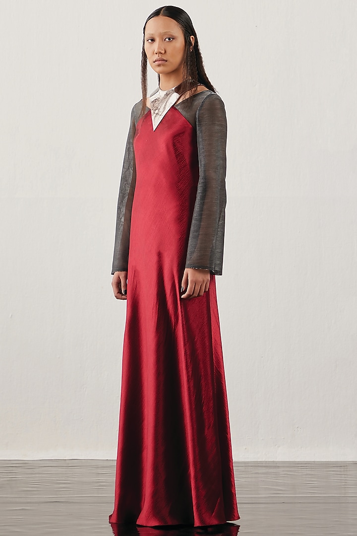 Red & Black Textured Satin Flared Cocktail Dress by AKHL at Pernia's Pop Up Shop