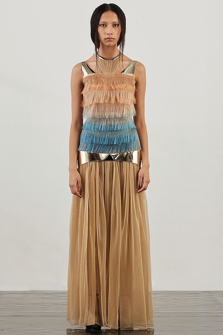 Beige Lurex Tulle Fringe Dress by AKHL