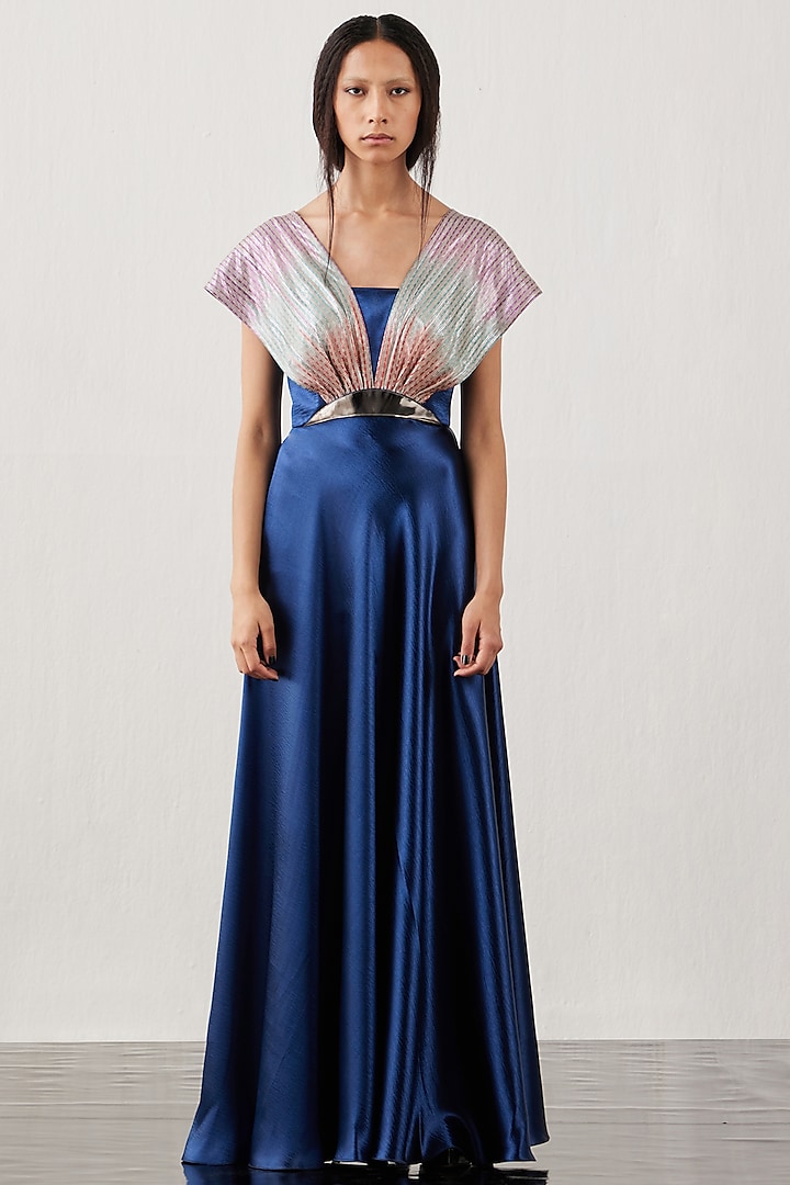 Blue Textured Satin & Metallic Hand Embroidered Flared Dress by AKHL