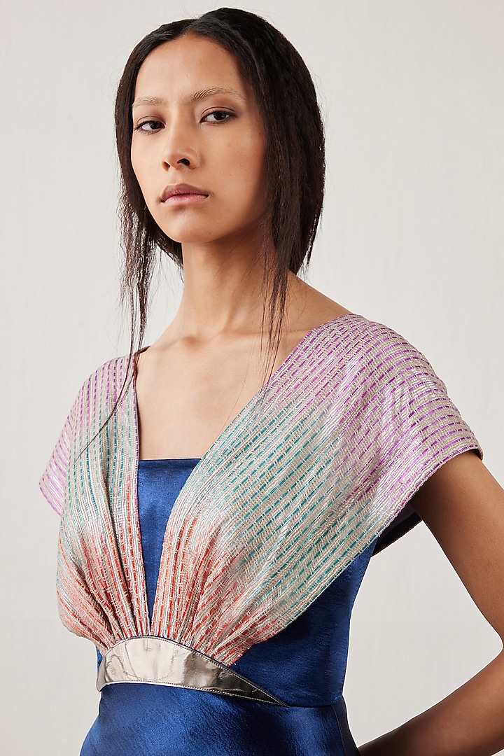 Blue Textured Satin & Metallic Hand Embroidered Flared Cocktail Dress by AKHL at Pernia's Pop Up Shop