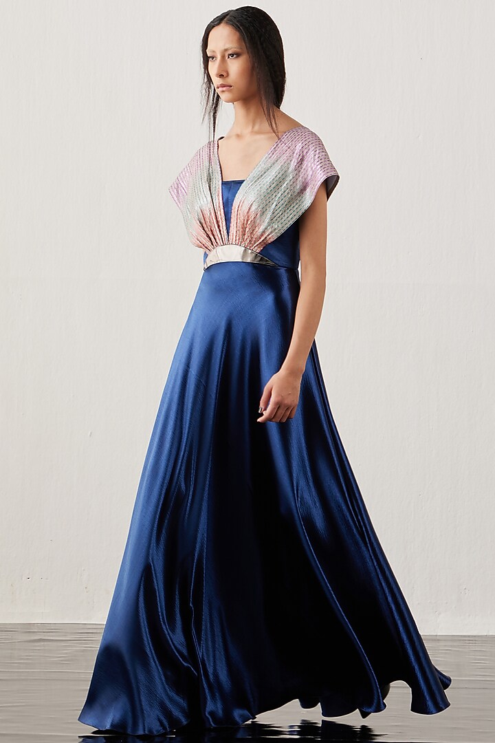 Blue Textured Satin & Metallic Hand Embroidered Flared Cocktail Dress by AKHL at Pernia's Pop Up Shop