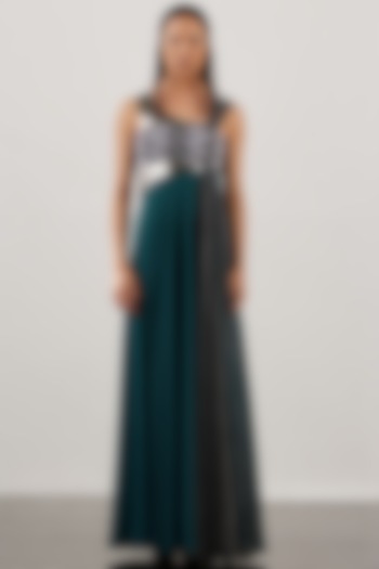 Deep Green Silk Satin Embroidered Dress by AKHL at Pernia's Pop Up Shop