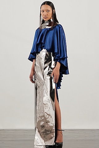Silver Mirror Metallic Dress With Cape by AKHL