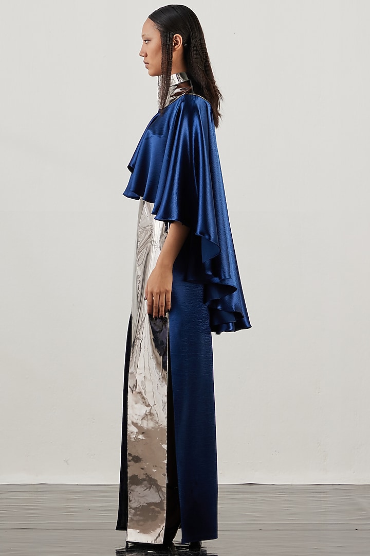 Silver Mirror Metallic Party Wear Dress With Cape by AKHL at Pernia's Pop Up Shop