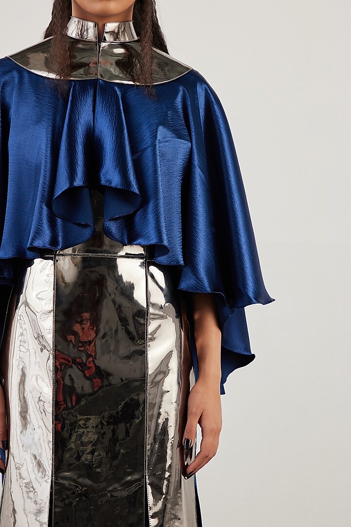 Silver Mirror Metallic Party Wear Dress With Cape by AKHL at Pernia's Pop Up Shop