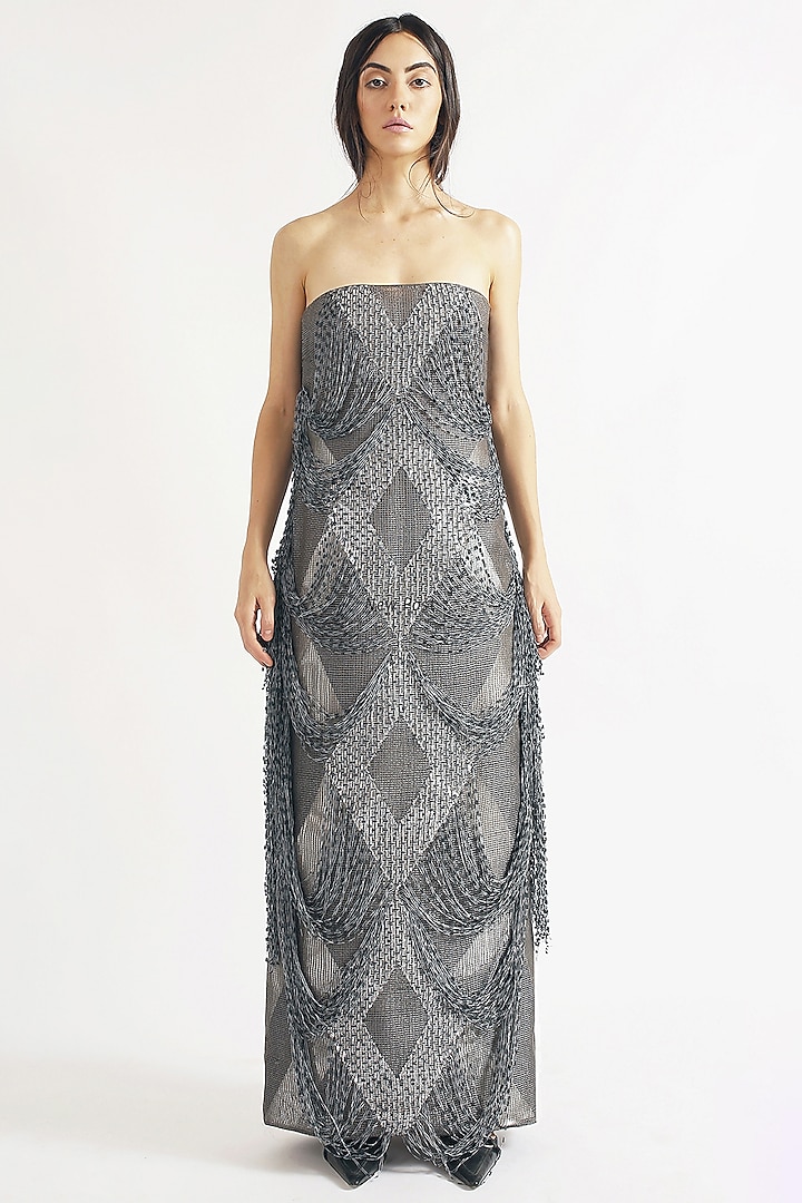 Pewter Grey Sculpted Dress With Looped Fringes by AKHL